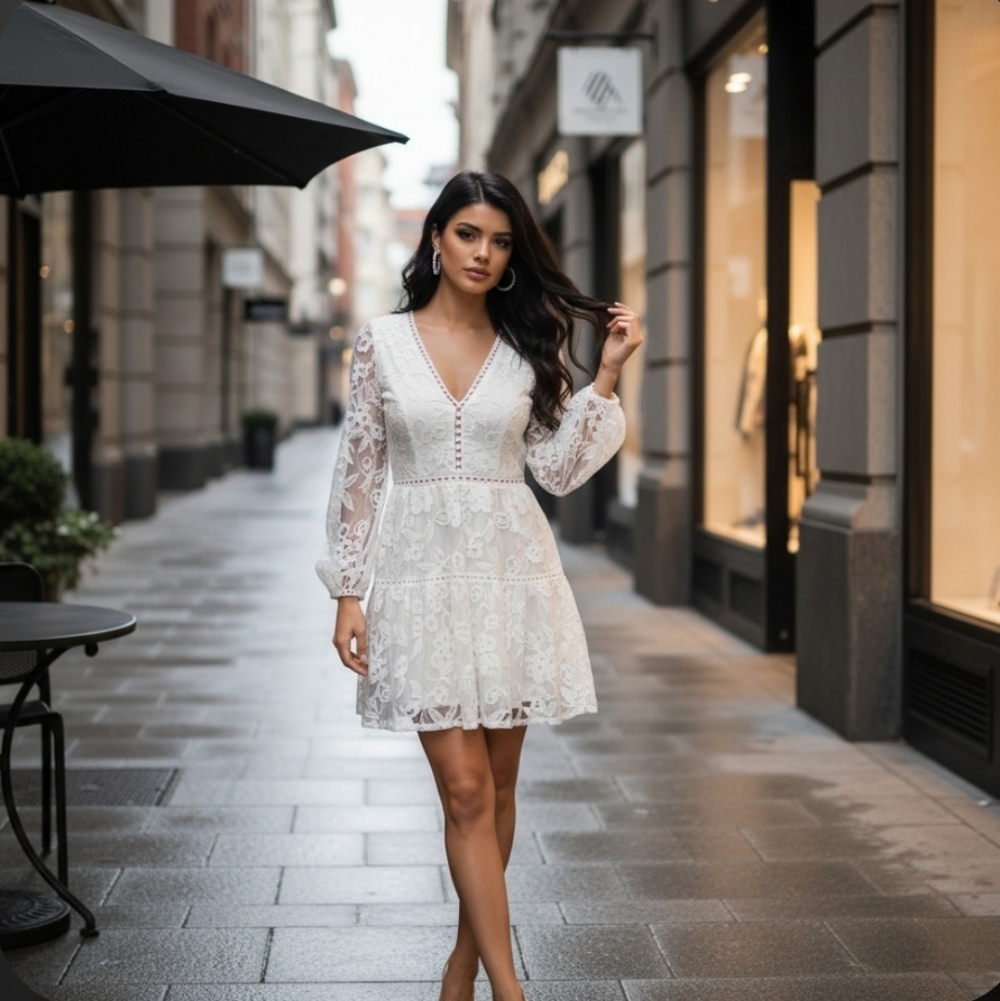 Elegant Lace Sheer Backless V Neck 3/4 Sleeve Flowy Dress Size Large NEW - Picture 9 of 11